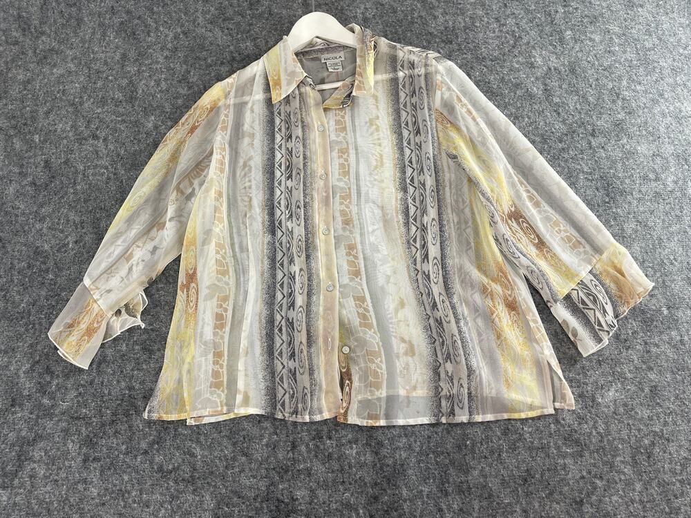Nicola Shirt Womens Large Blouse Floral Beige Button Up Sheer Long Sleeve N267